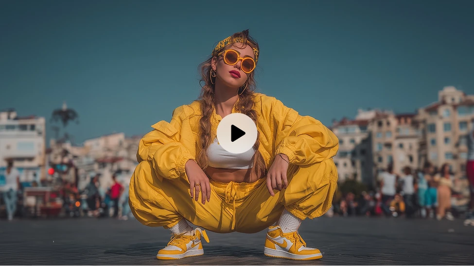 kling ai video generator created video cover of a hiphop girl in yellow suits
